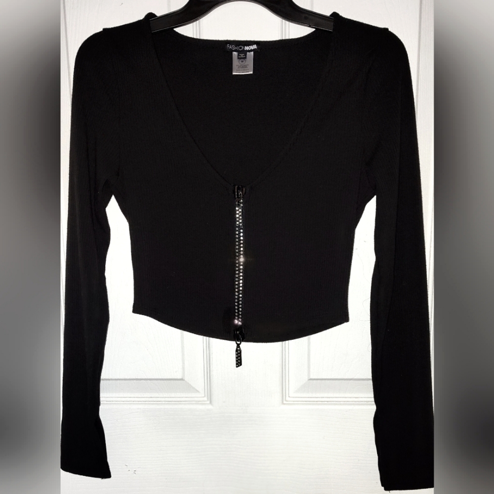 Fashion Nova Y2K Long sleeve Black Ribbed Double Bling Zip Crop Top Size M